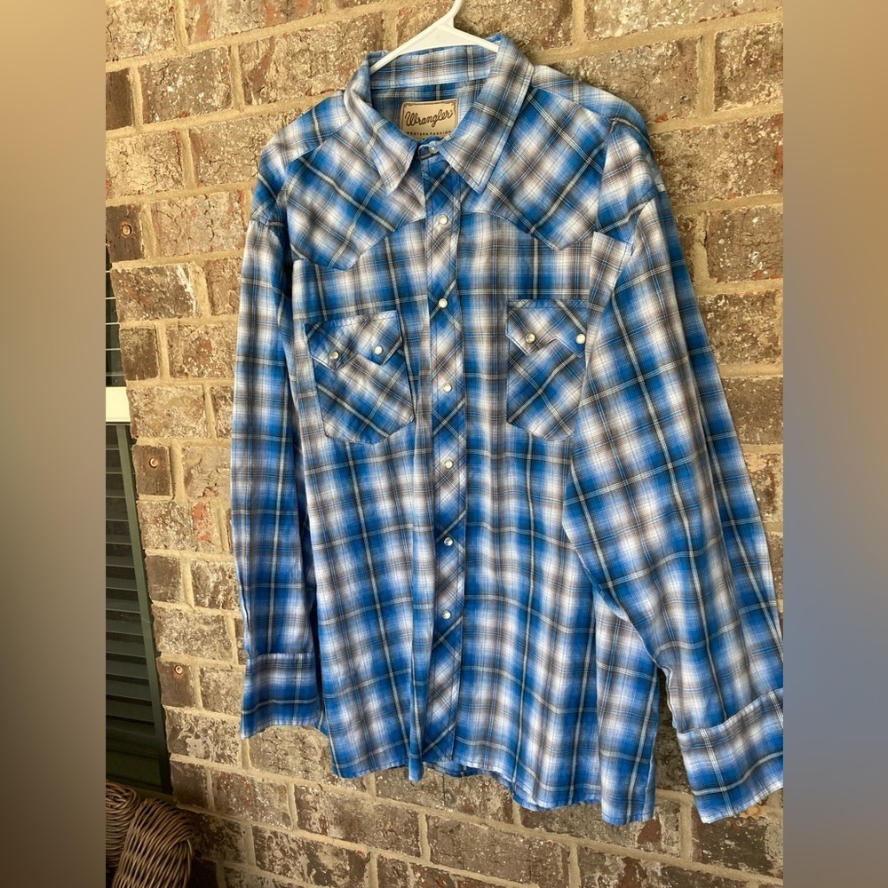WRANGLER WESTERN LONG SLEEVE PLAID Blue MEN SIZE XXXL 3XL Pearl Snap Cowboy - Picture 3 of 13